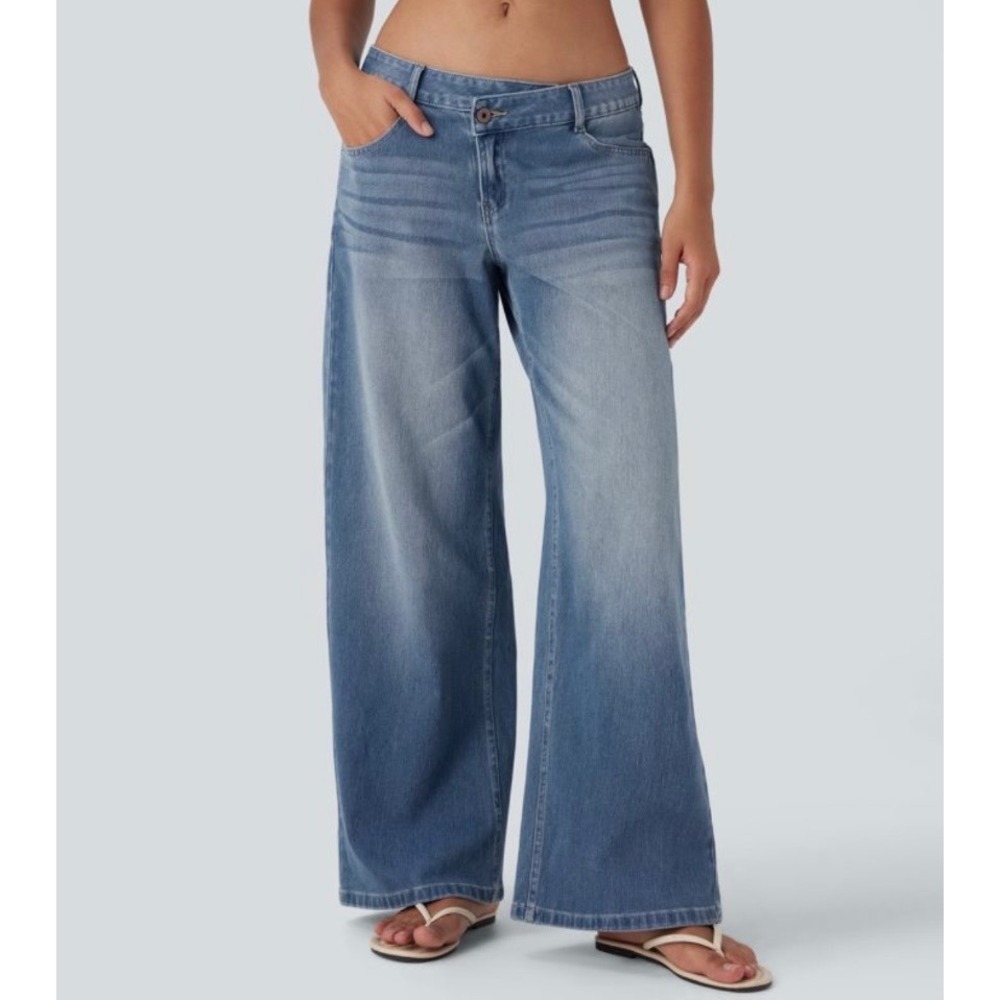 NWT Halara Flex Denim XL Asymmetric Low Rise Baggy Wide Leg Stretch Jeans Zipper